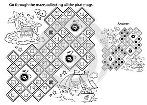 Maze or Labyrinth Game. Puzzle. Coloring Page Outline Of cartoon pirate ship with treasure island. Coloring book for kids