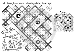 Maze or Labyrinth Game. Puzzle. Coloring Page Outline Of cartoon pirate ship with treasure island. Coloring book for kids