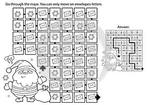 Maze or Labyrinth Game. Puzzle. Coloring Page Outline Of Santa Claus with gifts bag and Christmas tree. New year. Christmas.