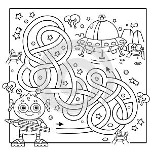 Maze or Labyrinth Game. Puzzle. Tangled road. Coloring Page Outline Of cartoon alien with a flying saucer on a planet in space.