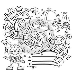 Maze or Labyrinth Game. Puzzle. Tangled road. Coloring Page Outline Of cartoon alien with a flying saucer on a planet in space.