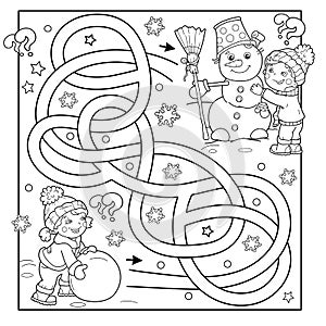 Maze or Labyrinth Game. Puzzle. Tangled Road. Coloring Page Outline Of cartoon boy with girl making snowman together. Winter.