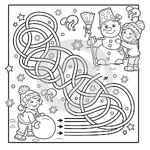 Maze or Labyrinth Game. Puzzle. Tangled Road. Coloring Page Outline Of cartoon boy with girl making snowman together. Winter.