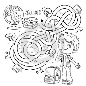 Maze or Labyrinth Game. Puzzle. Tangled road. Coloring Page Outline Of cartoon boy with school supplies. Coloring book for kids