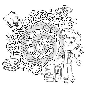 Maze or Labyrinth Game. Puzzle. Tangled road. Coloring Page Outline Of cartoon boy with school supplies. Coloring book for kids