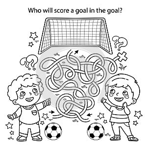 Maze or Labyrinth Game. Puzzle. Tangled road. Coloring Page Outline Of cartoon boys with soccer ball. Who will score the goal?