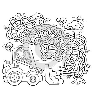 Maze or Labyrinth Game. Puzzle. Tangled road. Coloring Page Outline Of cartoon bulldozer. Construction vehicles. Profession.