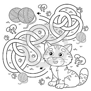 Maze or Labyrinth Game. Puzzle. Tangled road. Coloring Page Outline Of cartoon cat with ball of yarn. Coloring book for kids