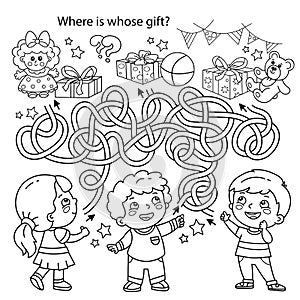 Maze or Labyrinth Game. Puzzle. Tangled road. Coloring Page Outline Of cartoon children with gifts and toys. Coloring book for