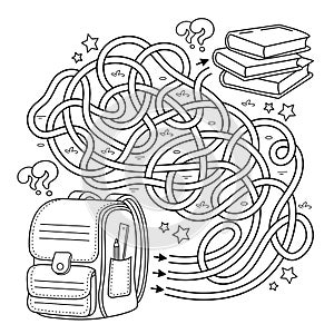 Maze or Labyrinth Game. Puzzle. Tangled road. Coloring Page Outline Of cartoon children satchel or knapsack with books or