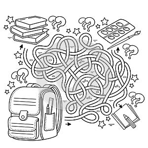 Maze or Labyrinth Game. Puzzle. Tangled road. Coloring Page Outline Of cartoon children satchel or knapsack with books or