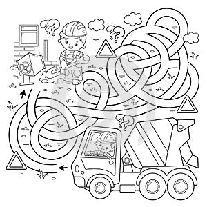 Maze or Labyrinth Game. Puzzle. Tangled road. Coloring Page Outline Of cartoon concrete mixer. Construction vehicles. Coloring