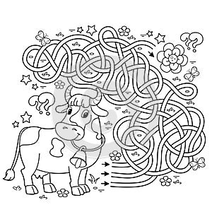 Maze or Labyrinth Game. Puzzle. Tangled road. Coloring Page Outline Of cartoon cow with bell. Collect flowers. Coloring book for