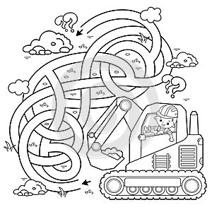 Maze or Labyrinth Game. Puzzle. Tangled road. Coloring Page Outline Of cartoon crawler excavator. Construction vehicles.