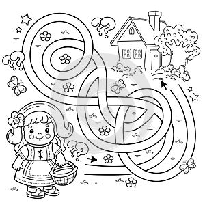 Maze or Labyrinth Game. Puzzle. Tangled road. Coloring Page Outline Of cartoon cute girl with basket walking home along the path.