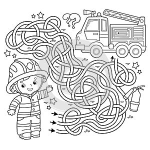 Maze or Labyrinth Game. Puzzle. Tangled road. Coloring Page Outline Of cartoon fireman or firefighter with  fire truck. Coloring