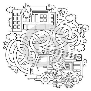Maze or Labyrinth Game. Puzzle. Tangled road. Coloring Page Outline Of cartoon fireman or firefighter with fire truck. Fire