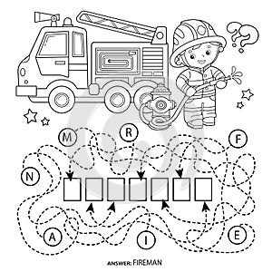 Maze or Labyrinth Game. Puzzle. Tangled road. Coloring Page Outline Of cartoon fireman or firefighter with fire truck. Fire