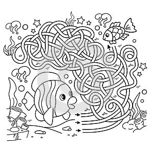 Maze or Labyrinth Game. Puzzle. Tangled road. Coloring Page Outline Of cartoon fishes. Underwater world. Coloring Book for kids