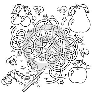 Maze or Labyrinth Game. Puzzle. Tangled road. Coloring Page Outline Of cartoon fun caterpillars with fruits. Coloring book for