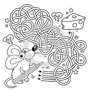 Maze or Labyrinth Game. Puzzle. Tangled road. Coloring Page Outline Of cartoon fun mouse with cheese. Coloring book for kids