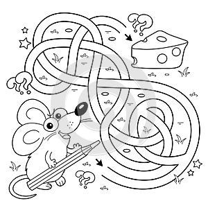 Maze or Labyrinth Game. Puzzle. Tangled road. Coloring Page Outline Of cartoon fun mouse with pencil. Collect all cheese. Coloring