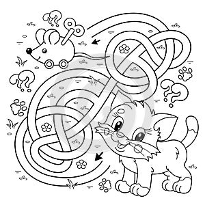 Maze or Labyrinth Game. Puzzle. Tangled road. Coloring Page Outline Of cartoon little cat with toy clockwork mouse. Coloring book