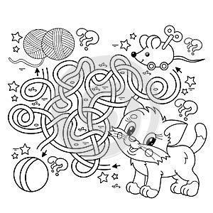 Maze or Labyrinth Game. Puzzle. Tangled road. Coloring Page Outline Of cartoon little cat with toys. Coloring book for kids