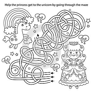 Maze or Labyrinth Game. Puzzle. Tangled road. Coloring Page Outline Of cartoon lovely princess with magic unicorn. Cinderella.