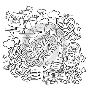 Maze or Labyrinth Game. Puzzle. Tangled road. Coloring Page Outline Of Cartoon pirate with chest of treasure. Pirate ship.