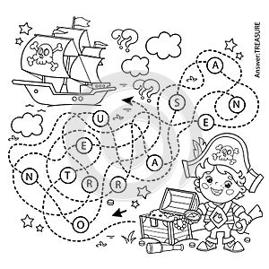 Maze or Labyrinth Game. Puzzle. Tangled road. Coloring Page Outline Of Cartoon pirate with chest of treasure. Pirate ship.