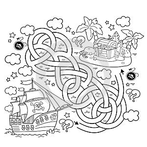 Maze or Labyrinth Game. Puzzle. Tangled road. Coloring Page Outline Of cartoon pirate ship with treasure island. Coloring book for