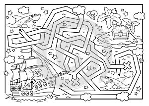 Maze or Labyrinth Game. Puzzle. Tangled road. Coloring Page Outline Of cartoon pirate ship with treasure island. Coloring book for