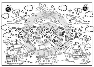 Maze or Labyrinth Game. Puzzle. Tangled road. Coloring Page Outline Of cartoon pirate ships with treasure island. Coloring book