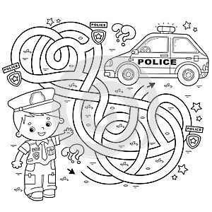 Maze or Labyrinth Game. Puzzle. Tangled road. Coloring Page Outline Of cartoon policeman with car. Profession - police. Coloring