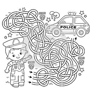 Maze or Labyrinth Game. Puzzle. Tangled road. Coloring Page Outline Of cartoon policeman with car. Profession - police. Coloring