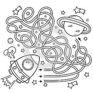 Maze or Labyrinth Game. Puzzle. Tangled Road. Coloring Page Outline Of Cartoon rocket in space. Coloring book for kids photo