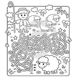 Maze or Labyrinth Game. Puzzle. Tangled road. Coloring Page Outline Of cartoon shepherd with flock of sheep. Farm animals.