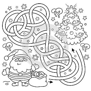 Maze or Labyrinth Game. Puzzle. Tangled Road. Coloring Page Outline Of Santa Claus with gifts bag and Christmas tree. New year.