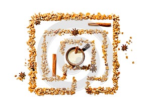 maze or labyrinth made out of cereals with a cup of milk in the middle isolated over white background, way to healthy