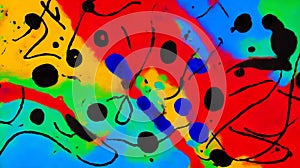 Maze like splattered black lines and dots on bigger patches and smudges, oil painted canvas colorful background, rainbow colors.