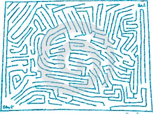 Maze puzzle design 20, Iris blue Rough and glossy style, hand drawn photo