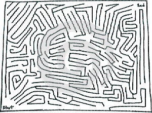 Maze puzzle design 20, teal color, stone wall style, hand drawn photo