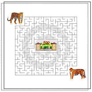 A maze puzzle game for kids. Help me get through the maze. Jaguar, tiger, zoo