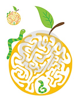 Maze puzzle for kids with caterpillars and apple. Labyrinth illustration, solution included.