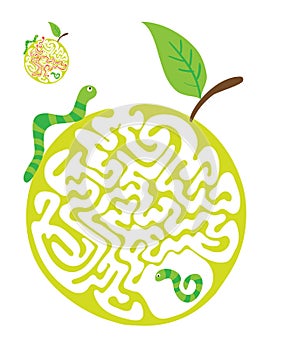 Maze puzzle for kids with caterpillars and apple. Labyrinth illustration, solution included.