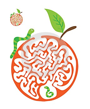 Maze puzzle for kids with caterpillars and apple. Labyrinth illustration, solution included.