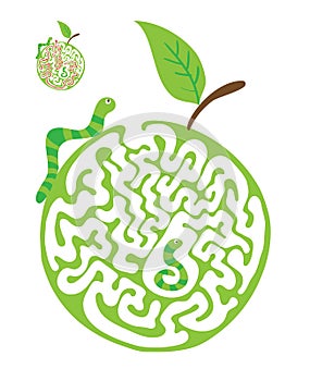 Maze puzzle for kids with caterpillars and apple. Labyrinth illustration, solution included.