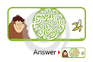 Maze puzzle for kids with monkey and banana. Labyrinth illustration, solution included.