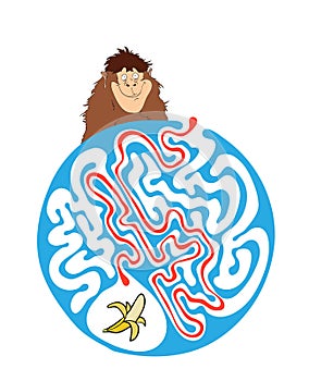 Maze puzzle for kids with monkey and banana. Labyrinth illustration, solution included.